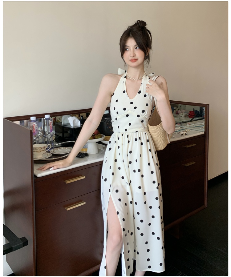 Polka dot Chinese style pinched waist temperament dress