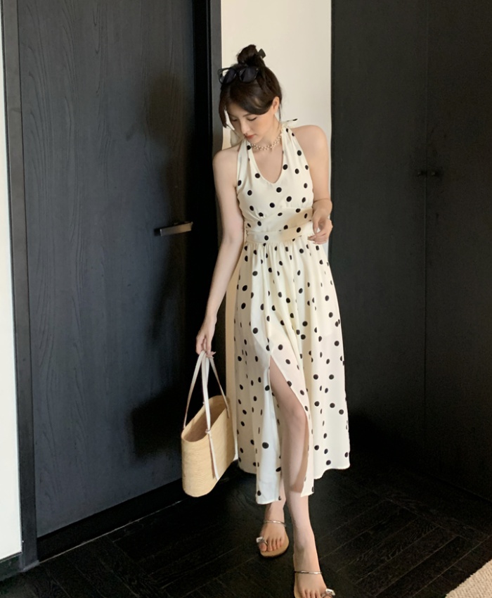 Polka dot Chinese style pinched waist temperament dress