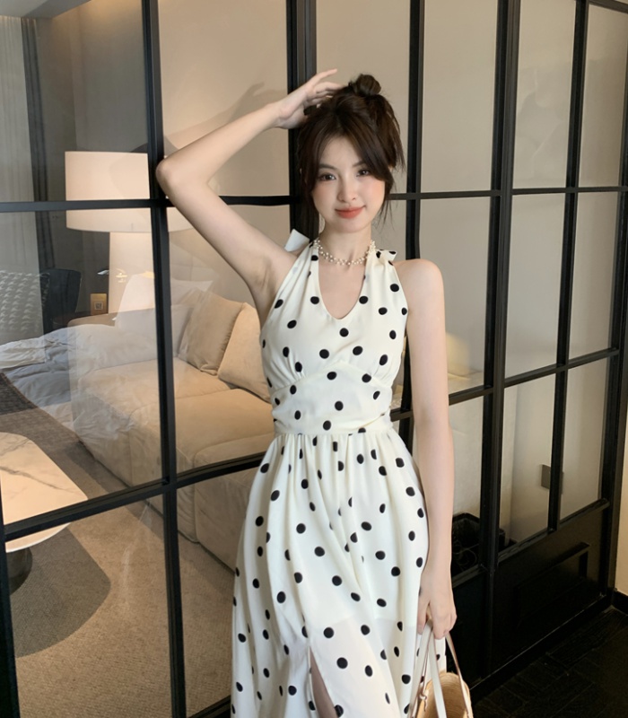 Polka dot Chinese style pinched waist temperament dress