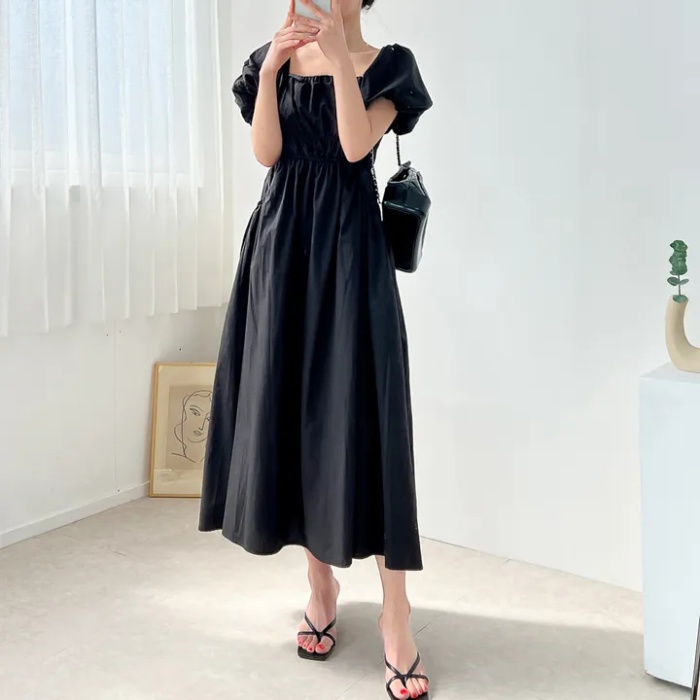 Tender temperament square collar pinched waist dress