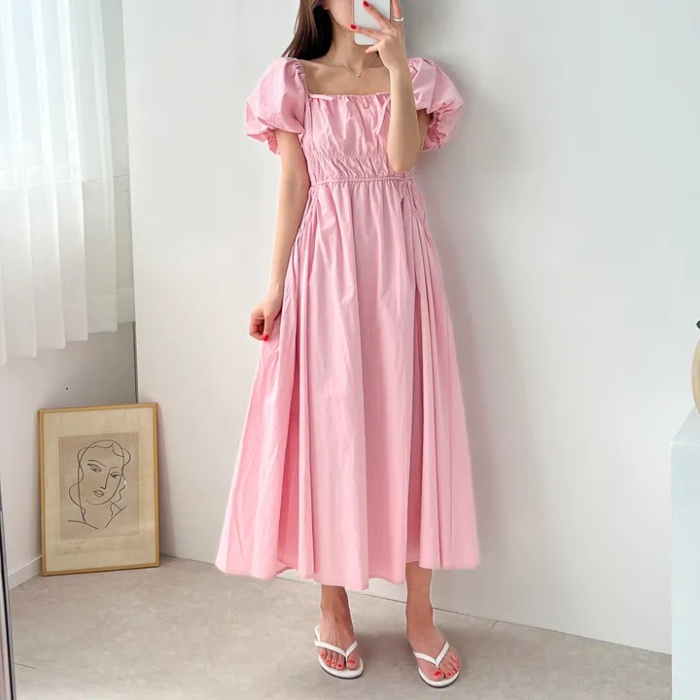 Tender temperament square collar pinched waist dress