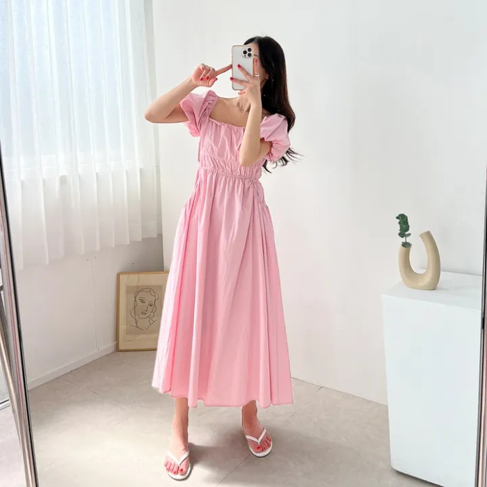 Tender temperament square collar pinched waist dress