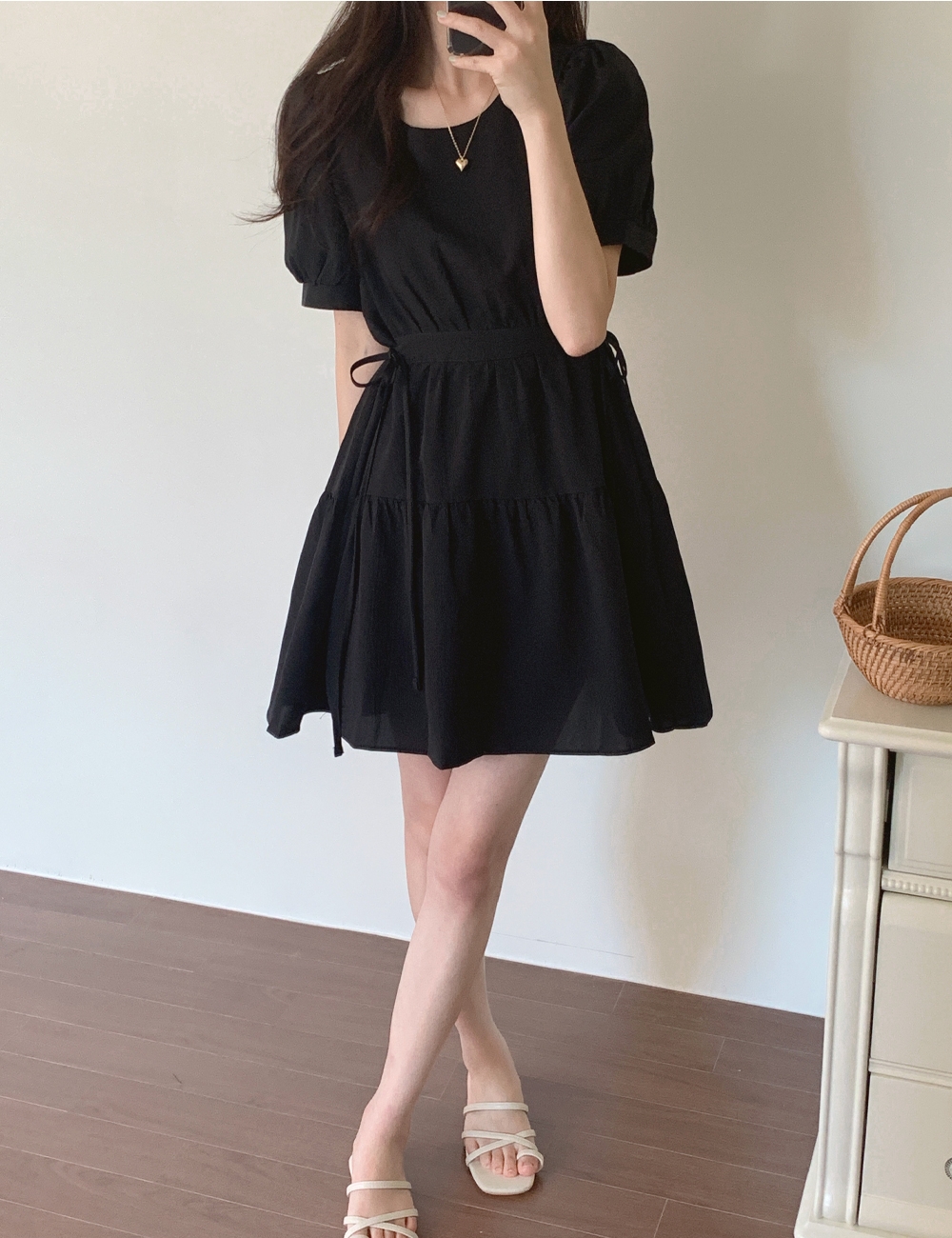Pinched waist all-match Casual round neck dress