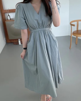 Summer double pocket temperament pinched waist dress