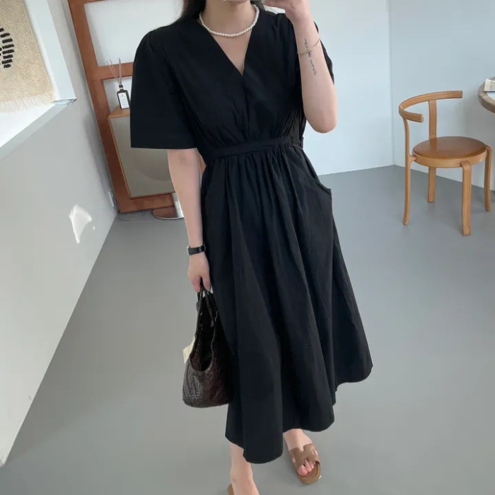 Summer double pocket temperament pinched waist dress