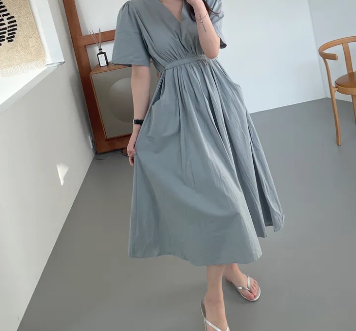 Summer double pocket temperament pinched waist dress