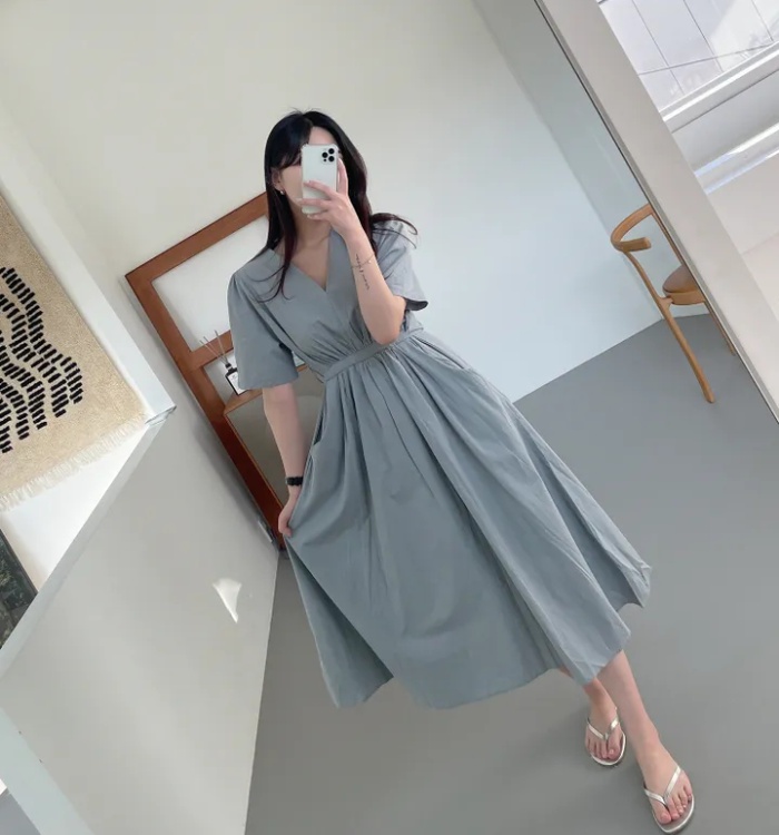 Summer double pocket temperament pinched waist dress