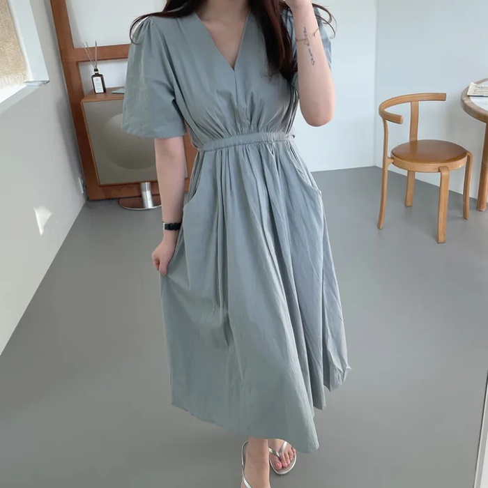 Summer double pocket temperament pinched waist dress