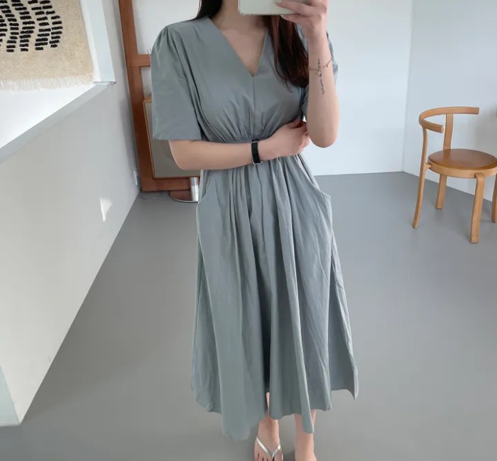 Summer double pocket temperament pinched waist dress