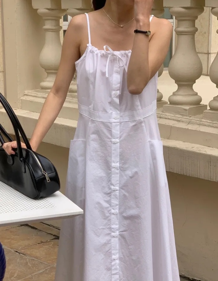 Single-breasted pocket sleeveless sling dress