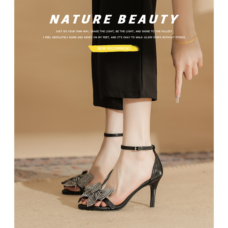 Summer black all-match stilettos bow open toe sandals for women