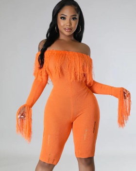 Tassels hip raise flat shoulder tight jumpsuit for women