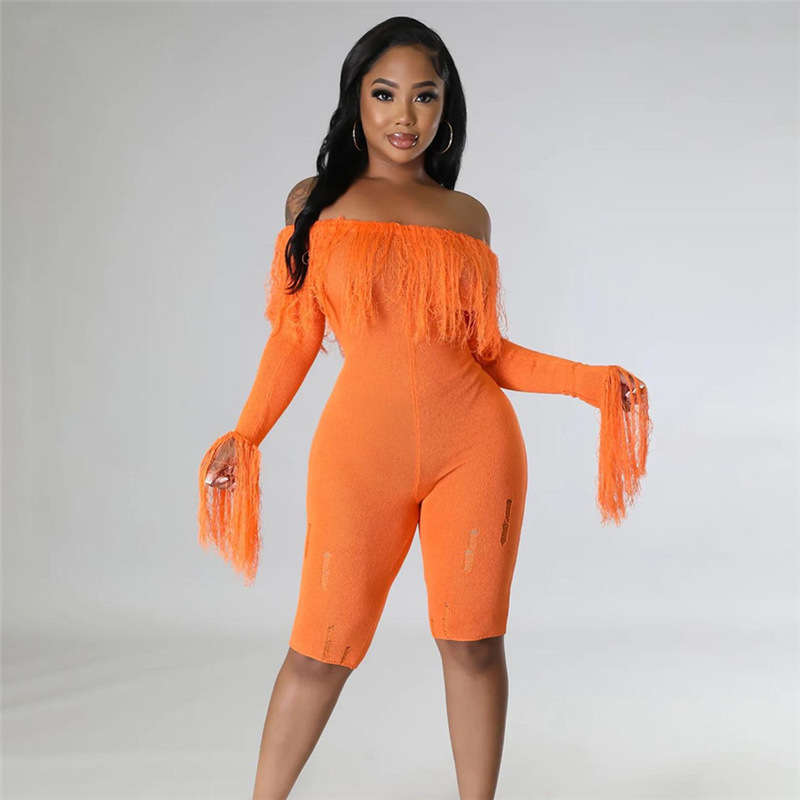 Tassels hip raise flat shoulder tight jumpsuit for women