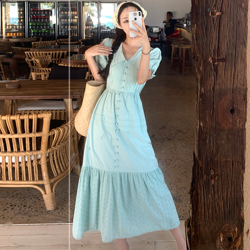 Hollow V-neck long dress show young France style dress
