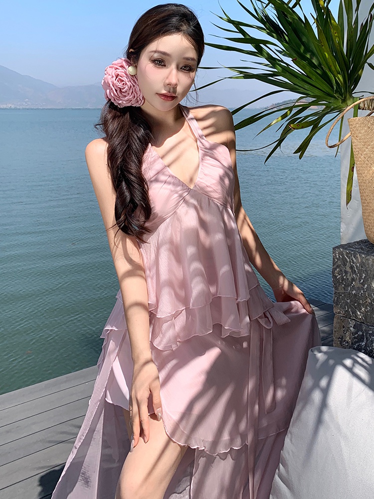 Seaside cherry elegant irregular vacation dress a set