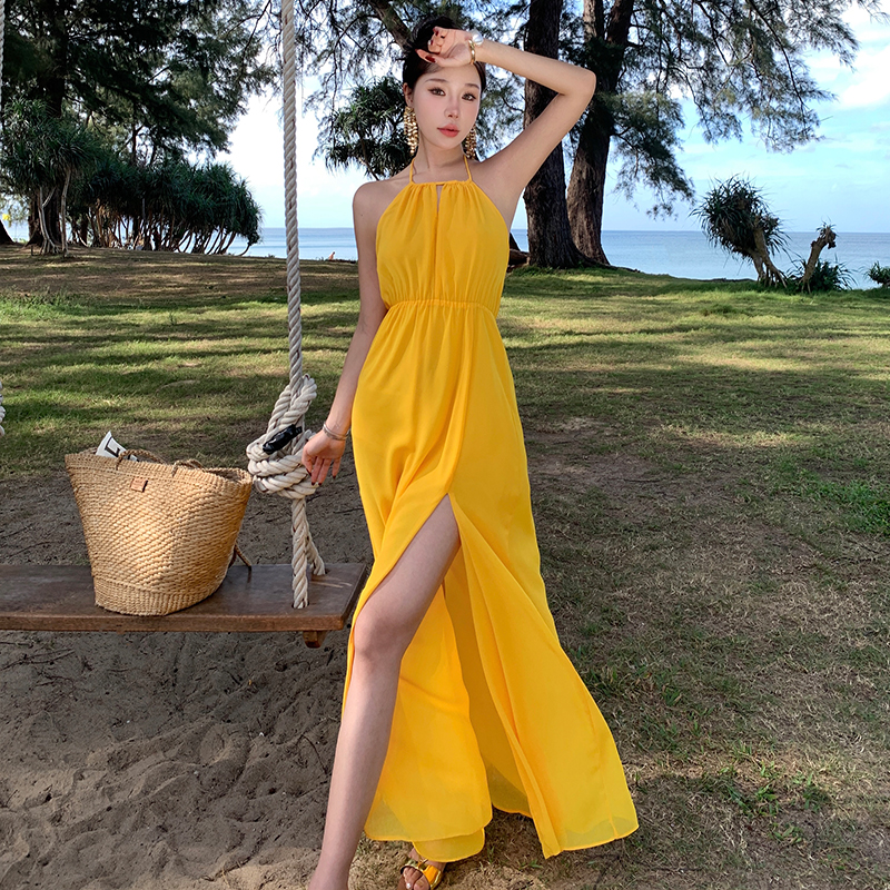 Sling split long dress yellow seaside dress