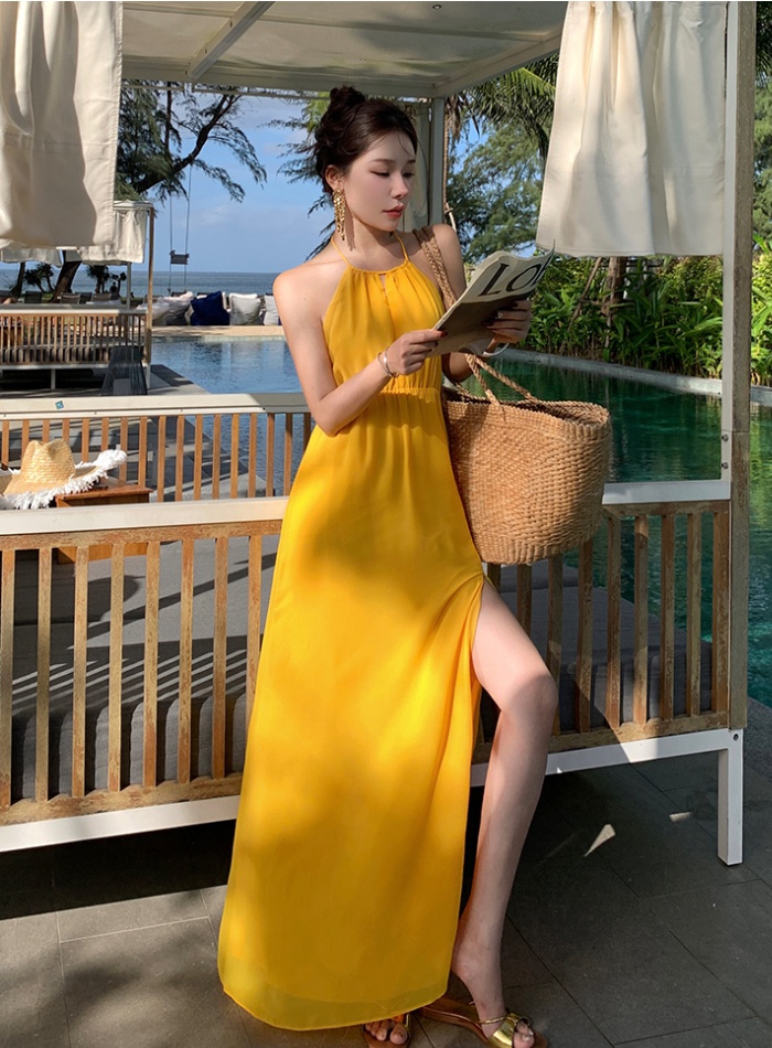Sling split long dress yellow seaside dress