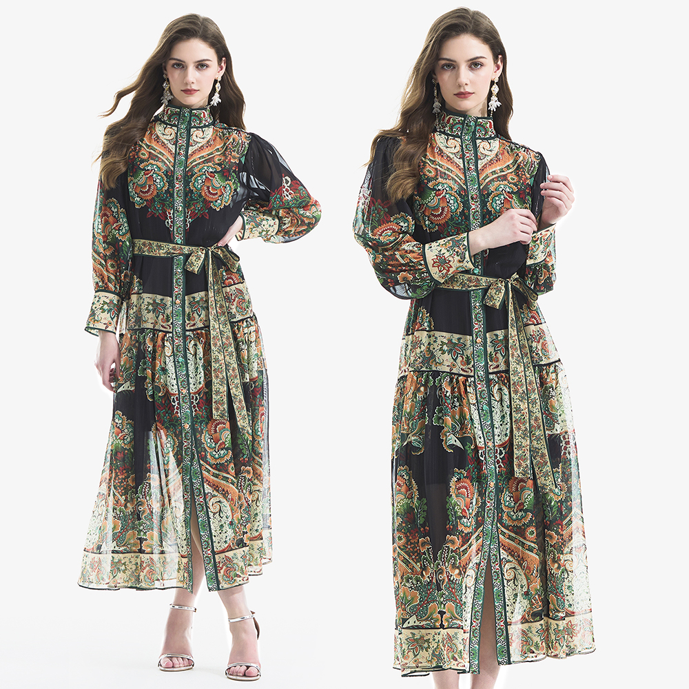 Retro pinched waist lotus leaf edges printing dress 2pcs set