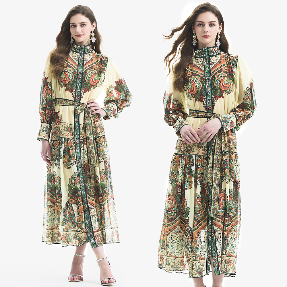 Retro printing lantern sleeve dress 2pcs set