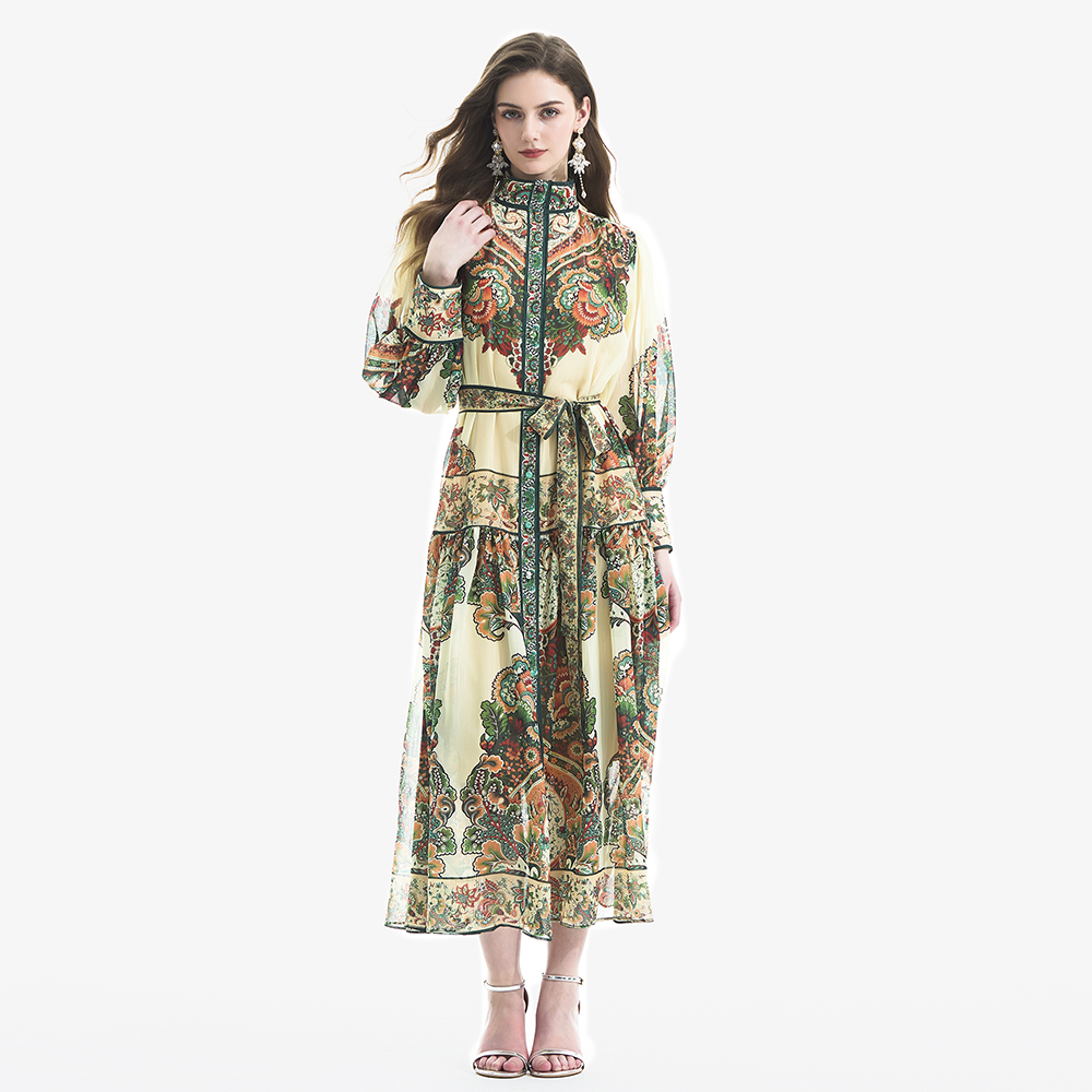 Retro printing lantern sleeve dress 2pcs set