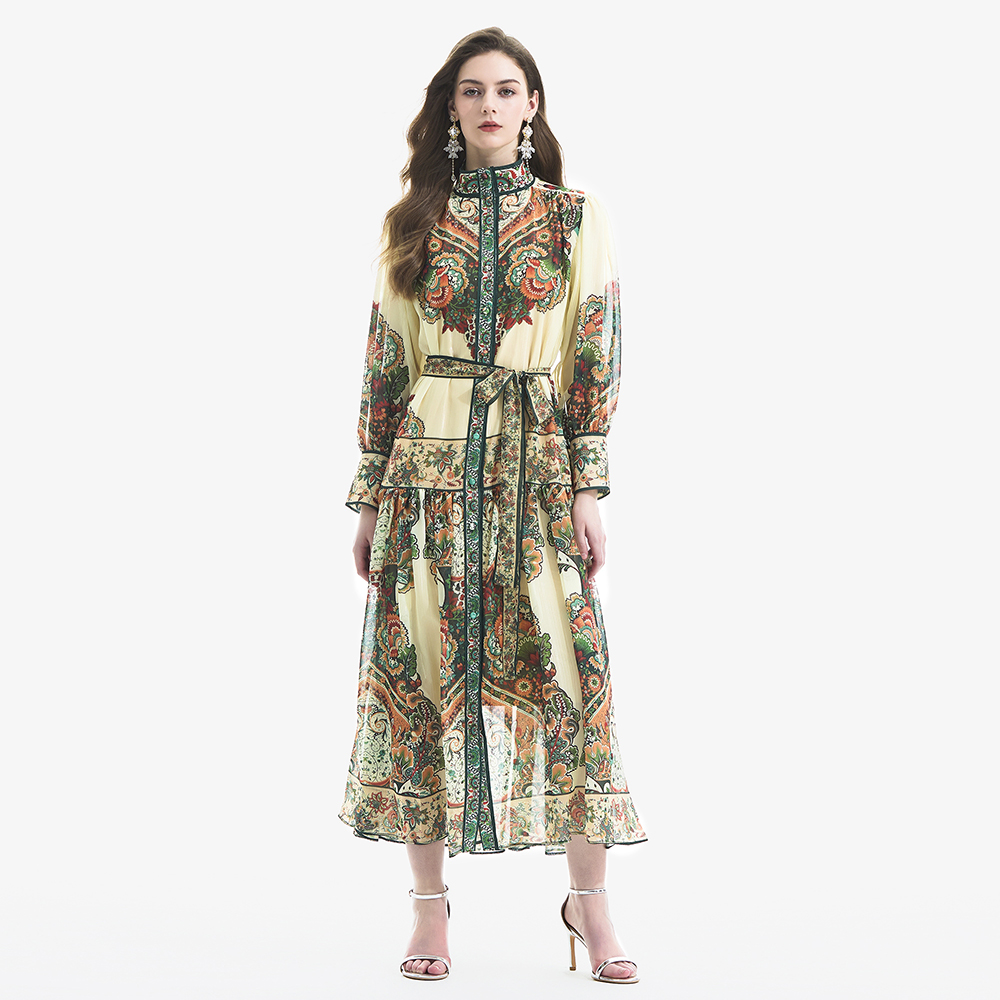 Retro printing lantern sleeve dress 2pcs set