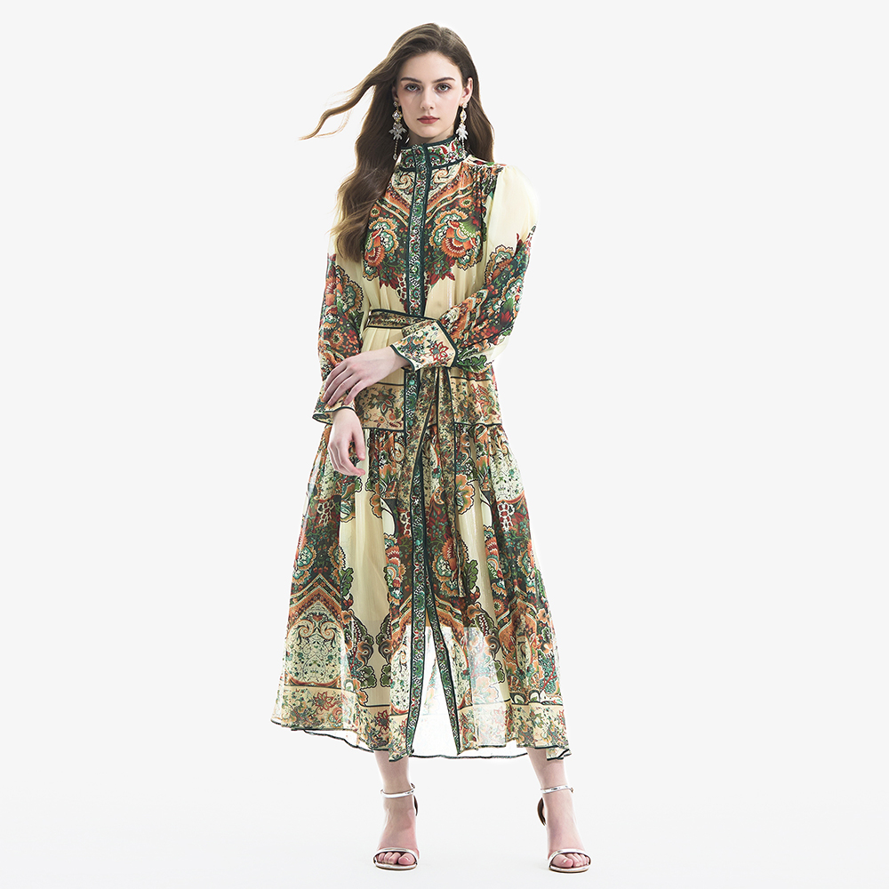 Retro printing lantern sleeve dress 2pcs set