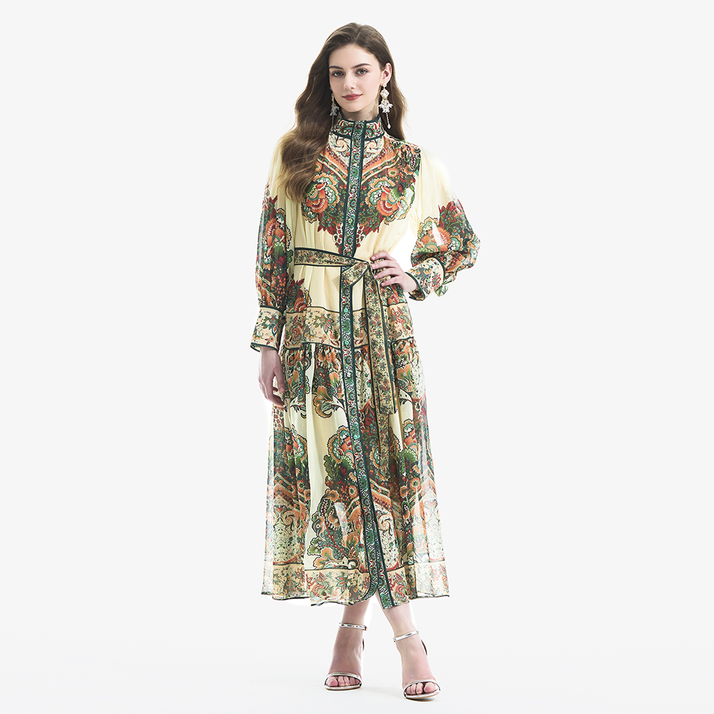 Retro printing lantern sleeve dress 2pcs set