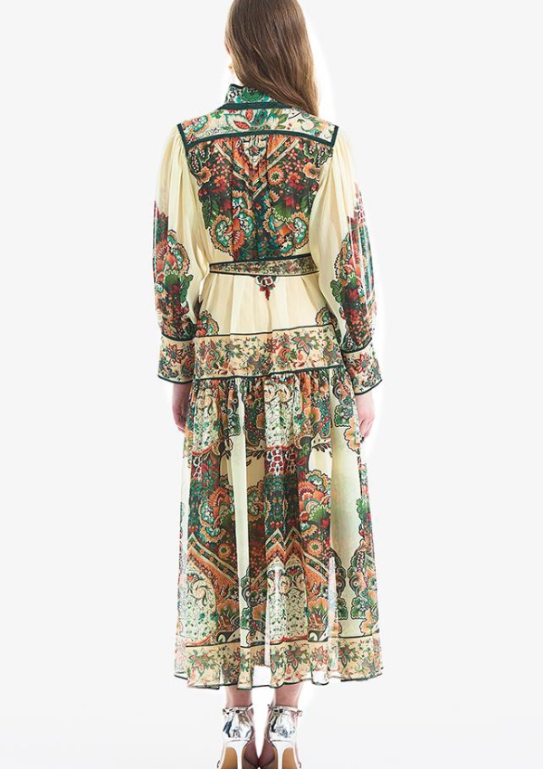 Retro printing lantern sleeve dress 2pcs set