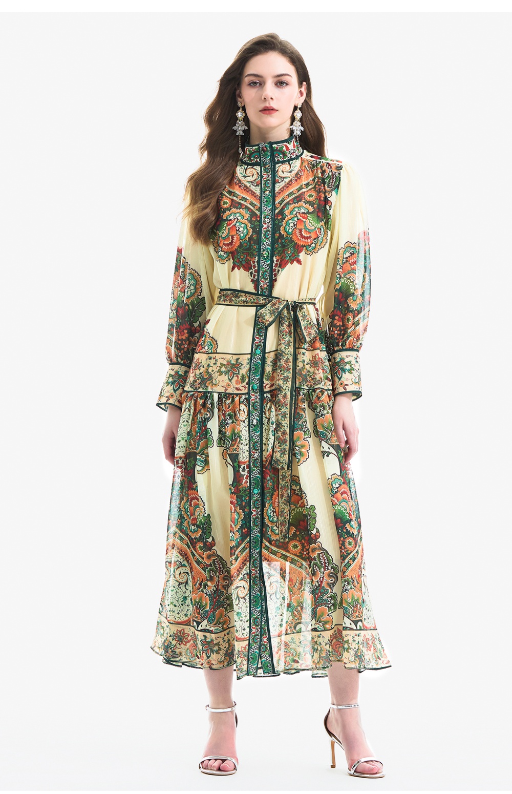 Retro printing lantern sleeve dress 2pcs set