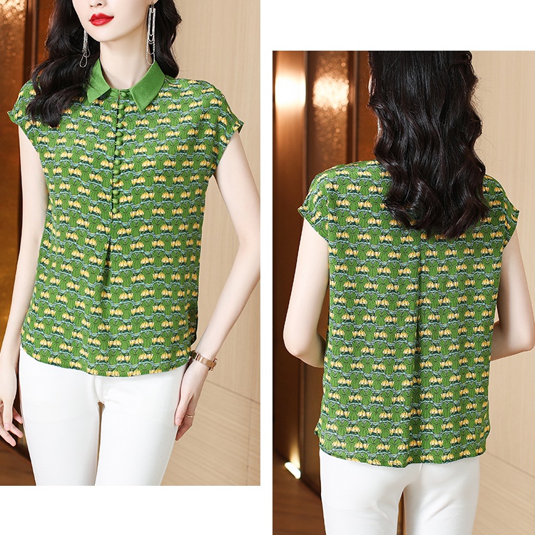 Summer printing small shirt real silk short sleeve shirt for women