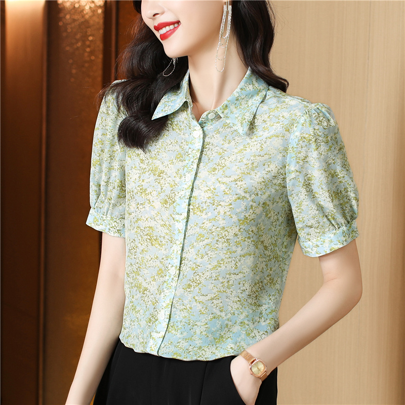 Real silk silk shirt floral puff sleeve tops