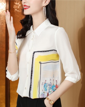 White real silk tops printing summer shirt for women