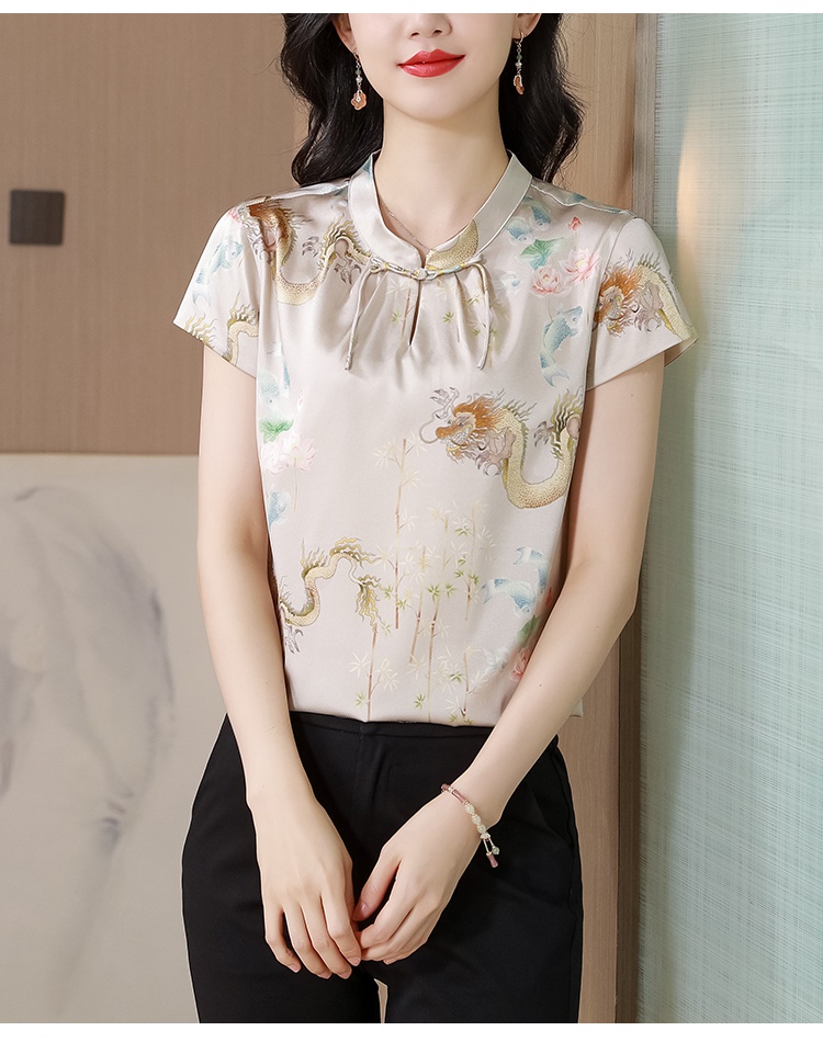 Short sleeve printing shirt silk tops for women