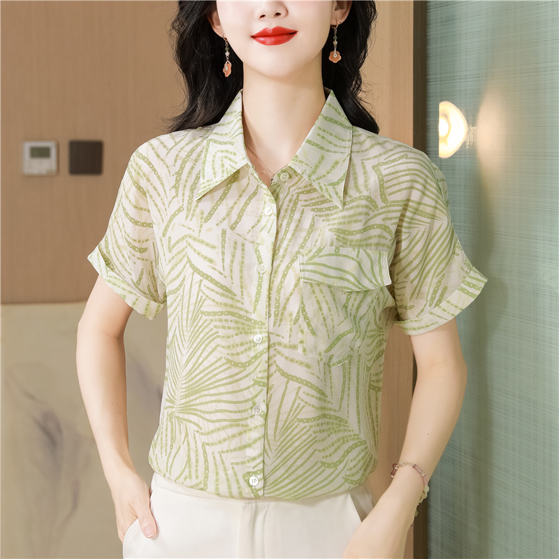 Real silk printing shirt silk lapel tops for women
