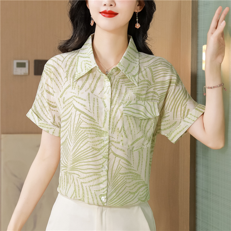 Real silk printing shirt silk lapel tops for women