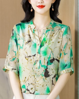 Satin V-neck shirt real silk tops for women