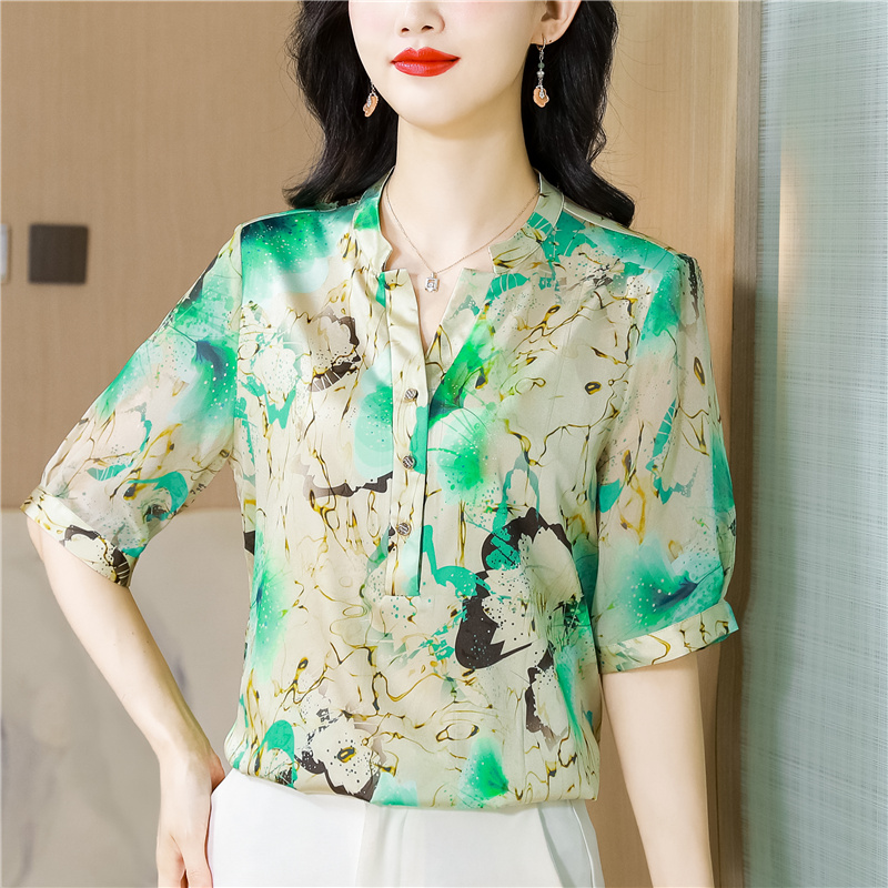 Satin V-neck shirt real silk tops for women