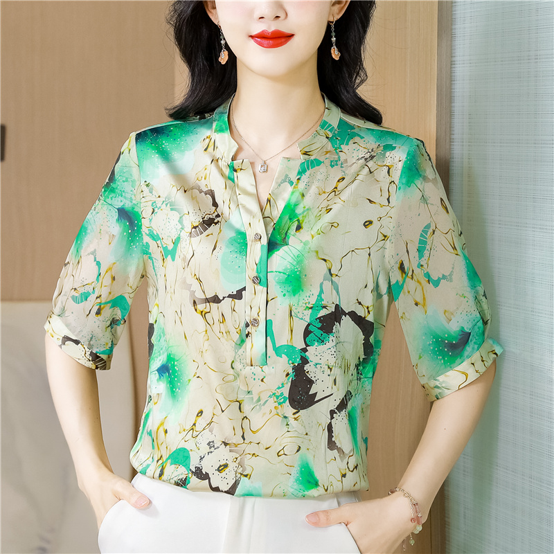 Satin V-neck shirt real silk tops for women