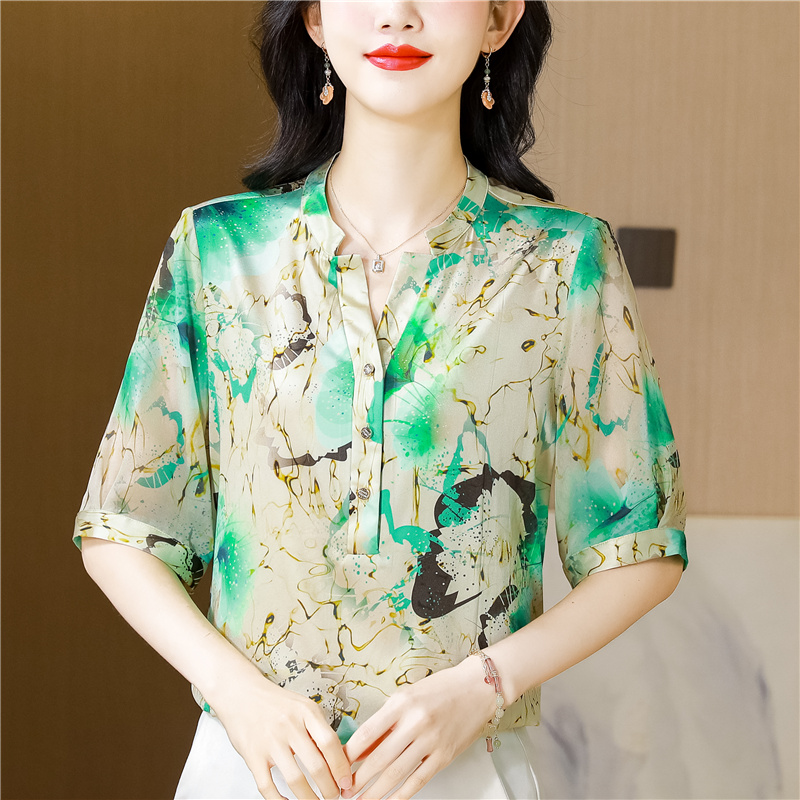 Satin V-neck shirt real silk tops for women