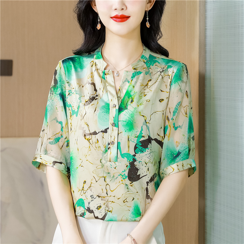 Satin V-neck shirt real silk tops for women