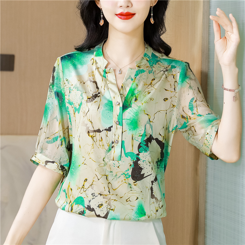 Satin V-neck shirt real silk tops for women