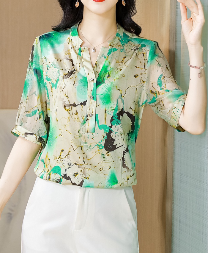 Satin V-neck shirt real silk tops for women