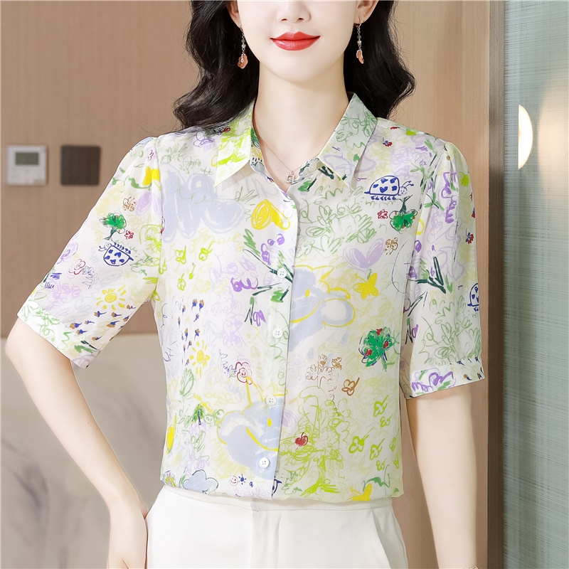 Summer temperament tops real silk silk shirt for women