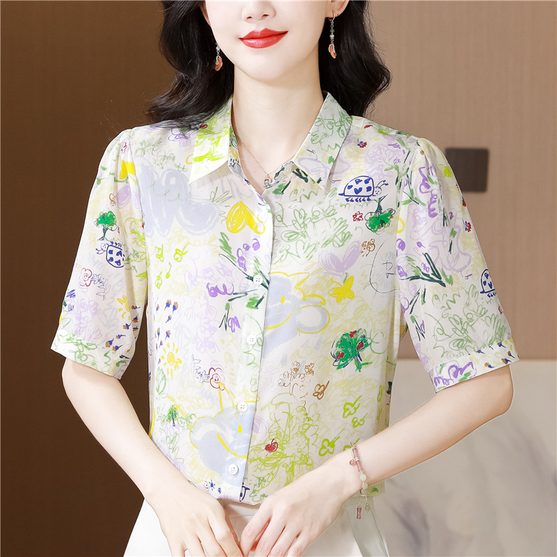 Summer temperament tops real silk silk shirt for women