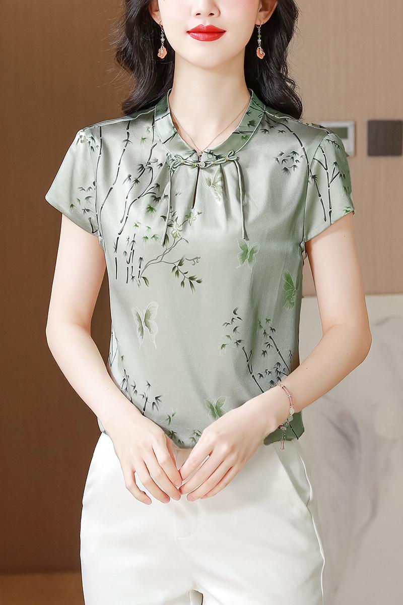 Printing silk tops Chinese style short sleeve shirt