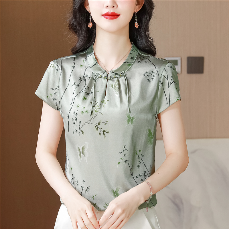 Printing silk tops Chinese style short sleeve shirt