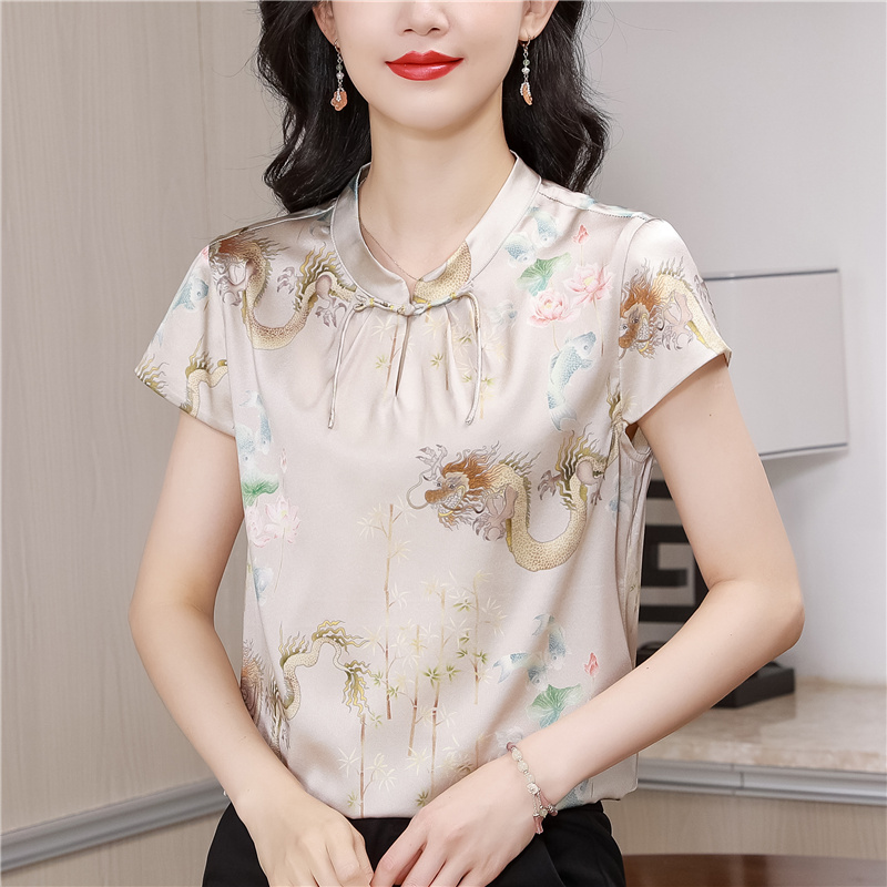 Printing silk tops Chinese style short sleeve shirt