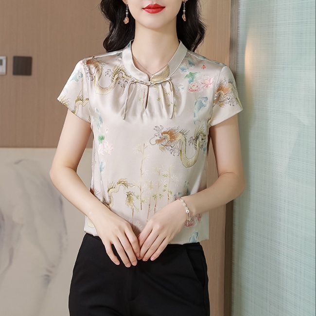 Printing silk tops Chinese style short sleeve shirt