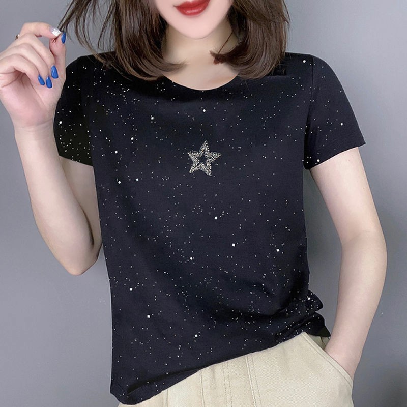 European style T-shirt rhinestone small shirt for women
