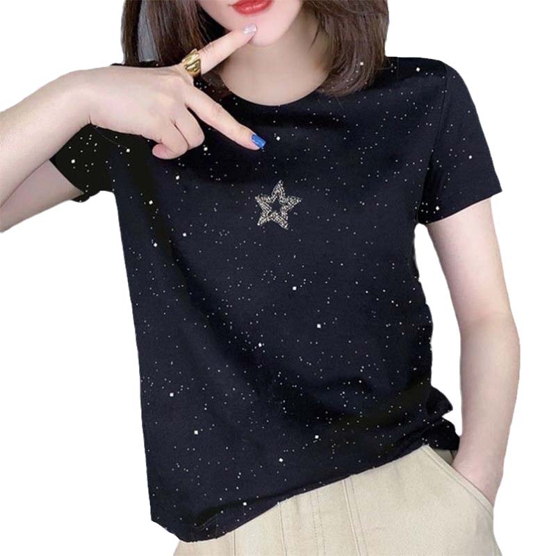 European style T-shirt rhinestone small shirt for women